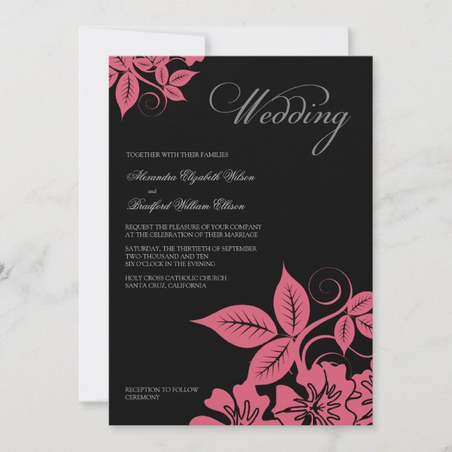 Modern Pink/Black Floral Wedding Invitation (Front)