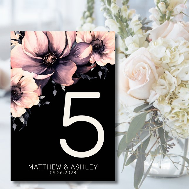 Modern Pink Black Floral Wedding Table Number (Unique Modern Boho Pink Black Floral Wedding Table Number)