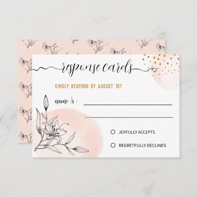 Modern Pink & Black Flower Gold Dots Response Card (Front/Back)