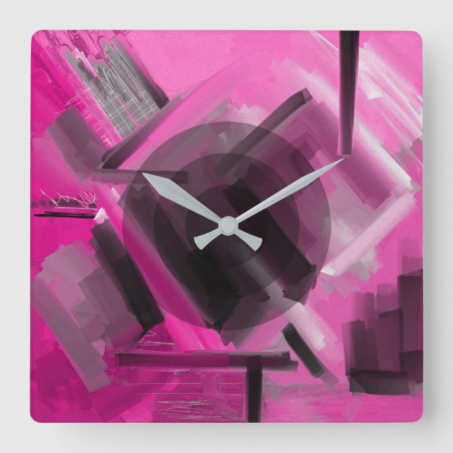 Modern Pink Black Grey Dynamic Abstract Art Square Wall Clock (Front)