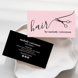 Modern Pink Black Hairstylist Script Business Card