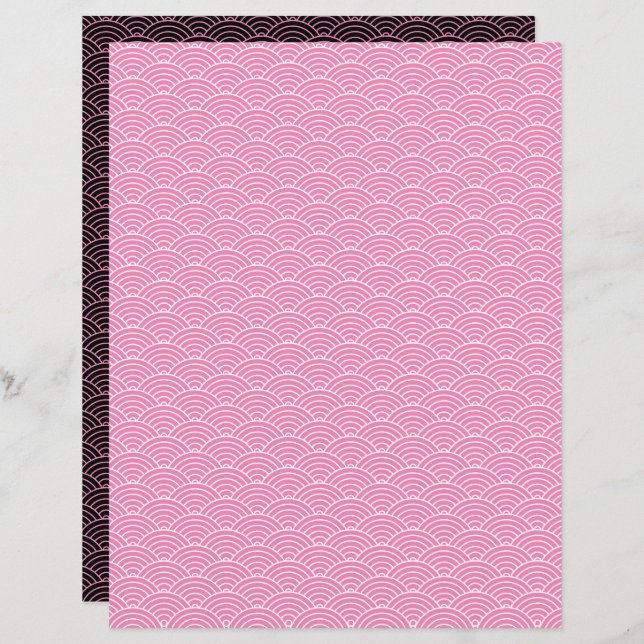 Modern Pink Black Japanese Wave Scrapbook Paper (Front/Back)