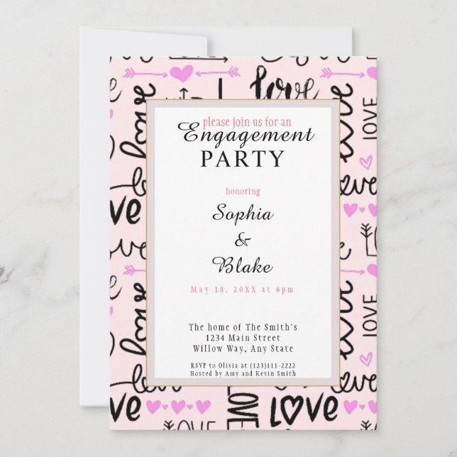 Modern Pink & Black Love Engagement Party  Invitation (Front)