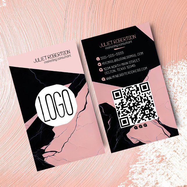 Modern Pink Black Marble Logo Social Media QR Business Card (Creator Uploaded)