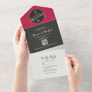 Modern Pink Black Photo Wedding All In One Invitation
