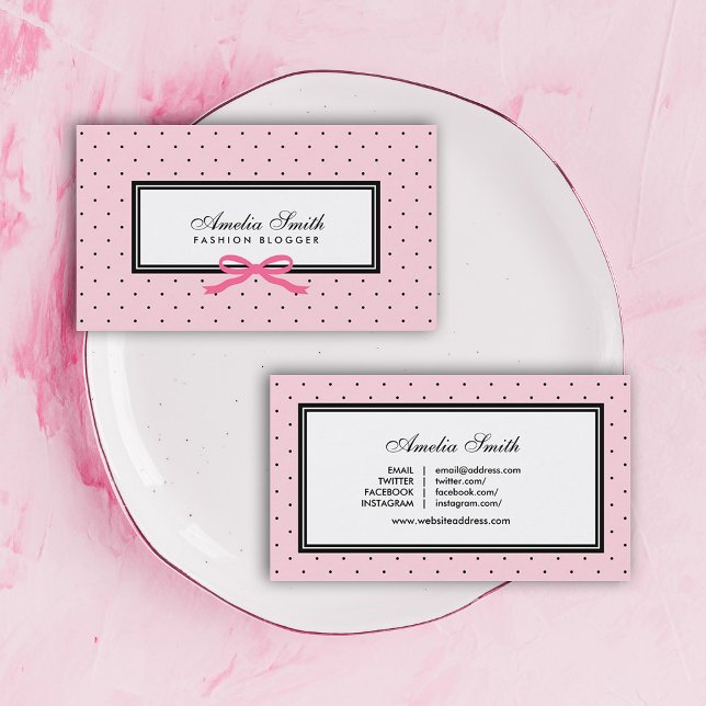 Modern Pink Black Polka Dot Pink Ribbon Blogger Business Card (Creator Uploaded)