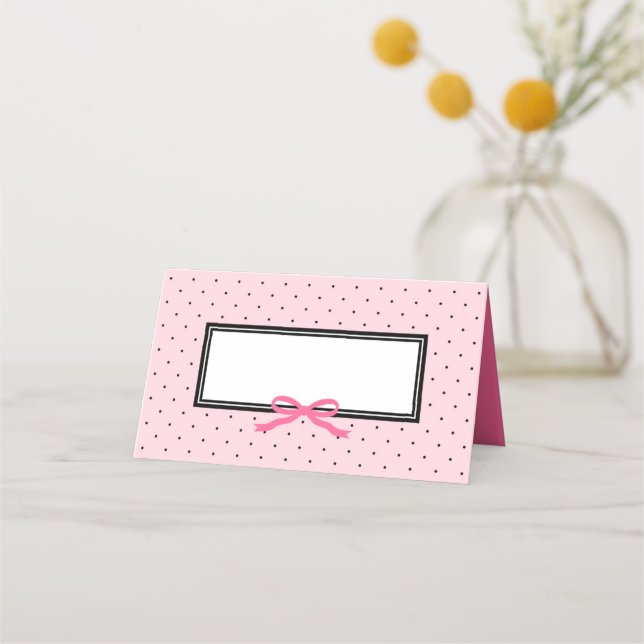 Modern Pink Black Polka Dot with Pink Ribbon Place Card (Front)