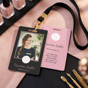 Modern Pink Black Script Logo Photo Nail Salon ID Badge