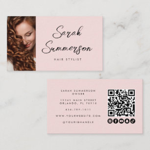 Modern Pink Black Script QR Code Hair Stylist Business Card