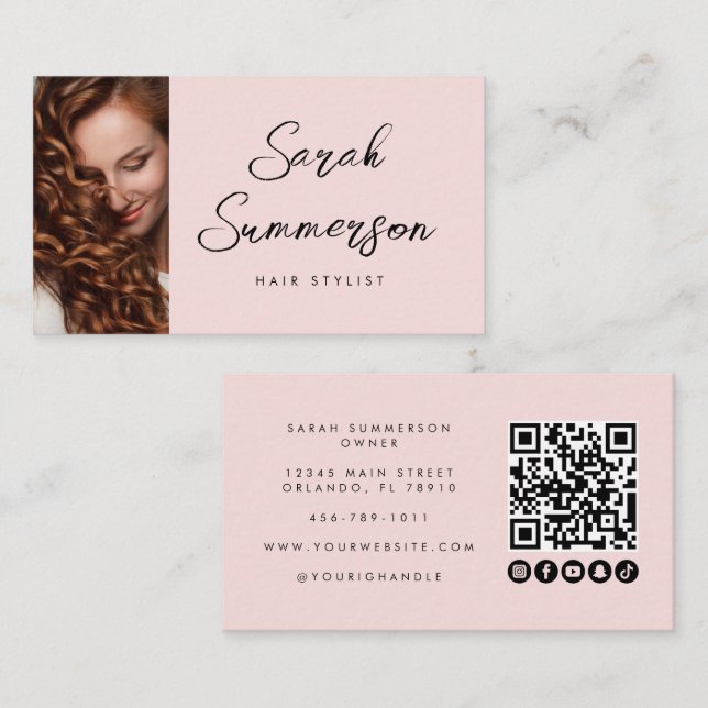 Modern Pink Black Script QR Code Hair Stylist Business Card (Front/Back)