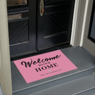 Modern Pink Black Welcome Script Family Name  Doormat