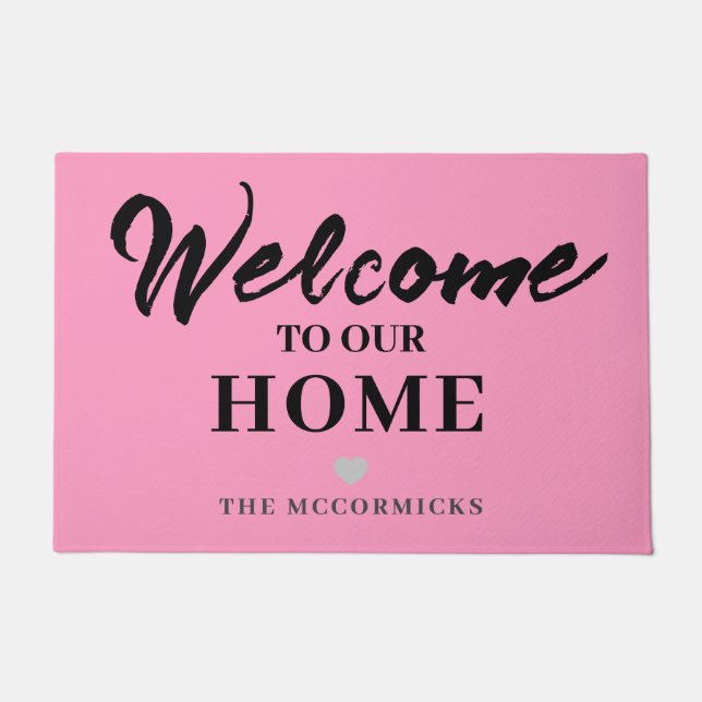 Modern Pink Black Welcome Script Family Name  Doormat (Front)