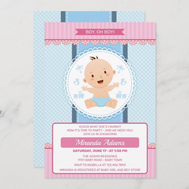 Modern Pink Blue Boy Baby Shower Invitation (Front/Back)