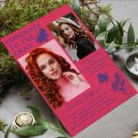 Modern Pink Blue Butterfly Photo Graduation Party