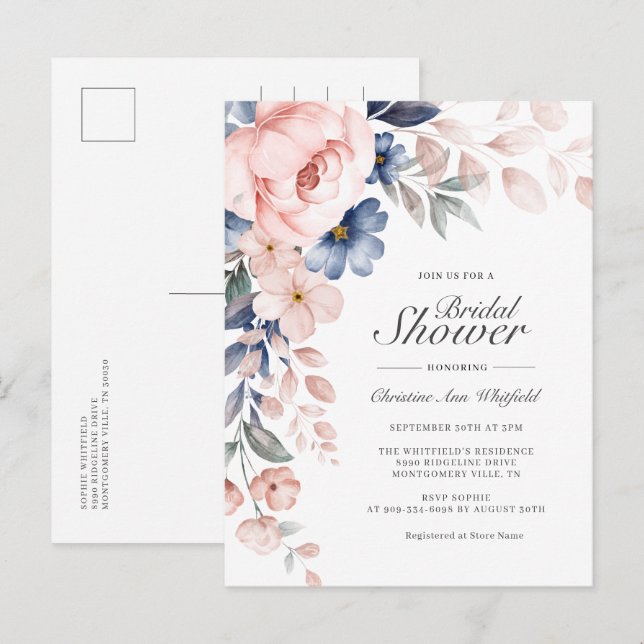 Modern Pink Blue Floral Bridal Shower Invitation Postcard (Front/Back)