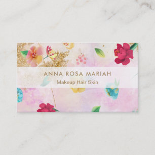 *~* Modern Pink Blue Floral Pattern Gold Glitter Business Card