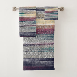 Modern Pink Blue Gold Glitter Brush Strokes Paint Bath Towel Set