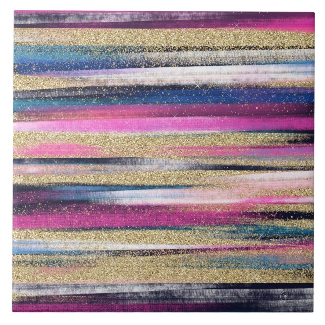 Modern Pink Blue Gold Glitter Brush Strokes Paint Ceramic Tile (Front)