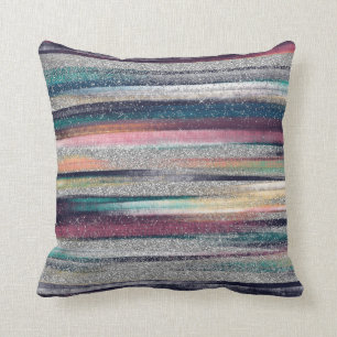 Modern Pink Blue Gold Glitter Brush Strokes Paint Cushion