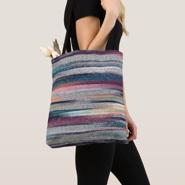 Modern Pink Blue Gold Glitter Brush Strokes Paint Tote Bag (Close Up)