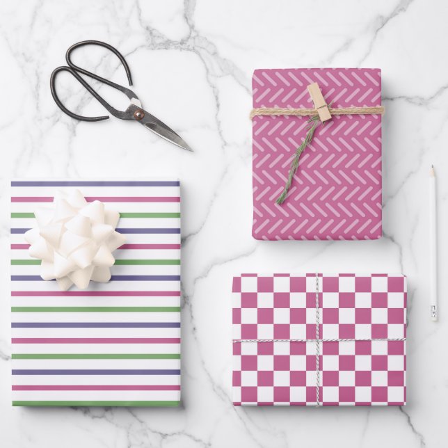 Modern Pink, Blue, Green Stripes, Pink Checkered Wrapping Paper Sheet (Front)