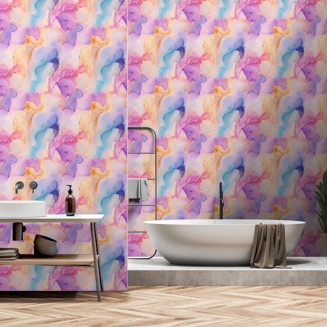 Modern Pink Blue Pastel Alchohol Ink Abstract  Wallpaper (Bathroom)
