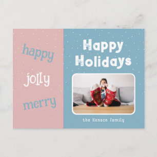 Modern Pink Blue Photo Snowflake Christmas Happy Holiday Postcard