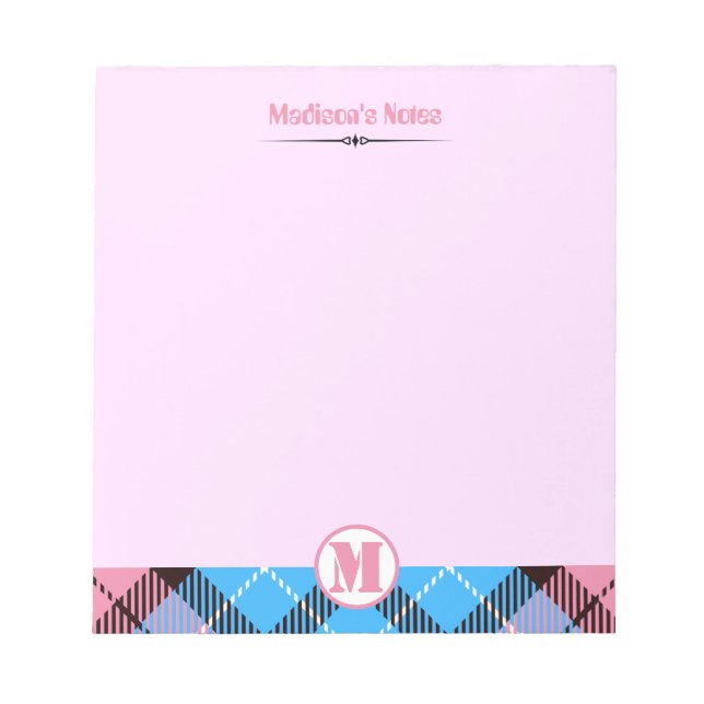 Modern Pink Blue Plaid Tartan Monogram Script Name Notepad (Front)