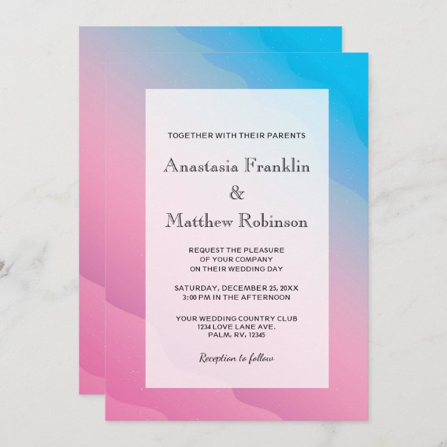 Modern Pink Blue Rainbow Wedding Invitation (Front/Back)
