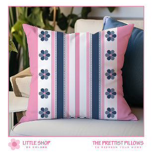 Modern Pink Blue Stripes and Floral Cushion
