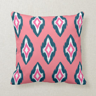 Modern pink blue white Ikat Tribal Pattern 1b Cushion