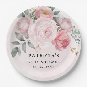 Modern Pink Blush Floral Girl Baby Shower Paper Plate