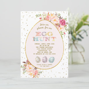 Modern Pink Blush Red FloralGold Egg Hunt Easter  Invitation