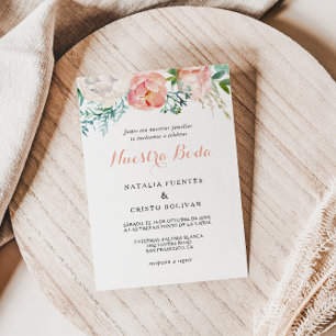 Modern Pink Blush Tropical Floral Spanish Wedding Invitation