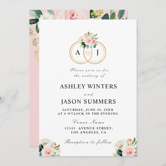 modern pink blush watercolor flowers wedding invitation (Front/Back)