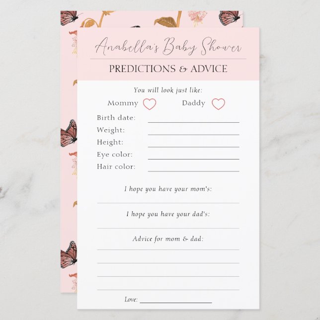 Modern Pink Boho Butterfly Girl Baby Shower (Front/Back)