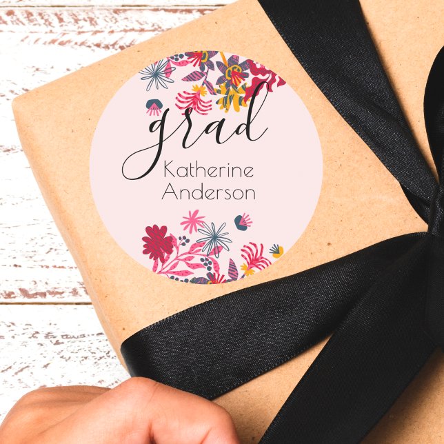 Modern Pink Boho Colourful Floral Grad Mailing Classic Round Sticker (Creator Uploaded)