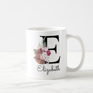 Modern Pink Boho Floral Initial E Coffee Mug