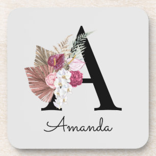 Modern Pink Boho Girly Floral Initial A Coaster