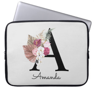 Modern Pink Boho Girly Floral Initial A Laptop Sle Laptop Sleeve