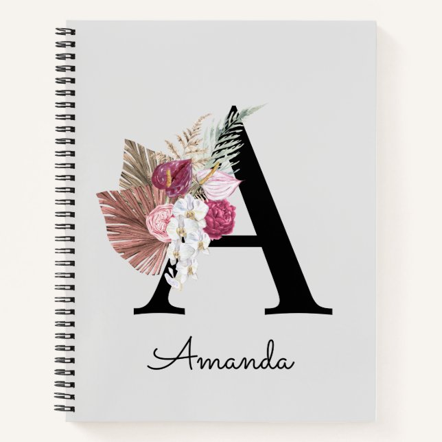 Modern Pink Boho Girly Floral Initial A Notebook (Front)