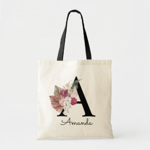 Modern Pink Boho Girly Floral Initial A Tote Bag