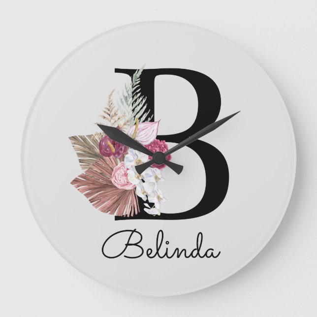 Modern Pink Boho Girly Floral Initial B Large Clock (Front)