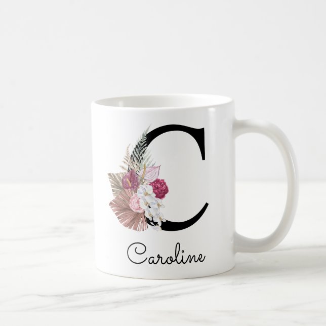 Modern Pink Boho Girly Floral Initial C Coffee Mug (Right)
