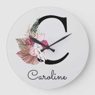 Modern Pink Boho Girly Floral Initial C Large Clock