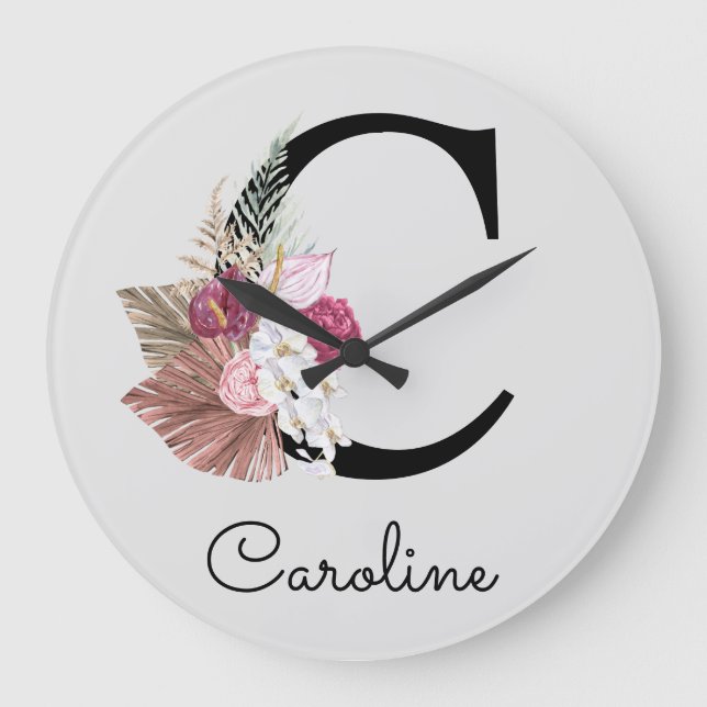 Modern Pink Boho Girly Floral Initial C Large Clock (Front)