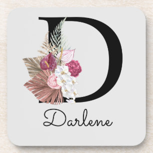 Modern Pink Boho Girly Floral Initial D Beverage C Coaster