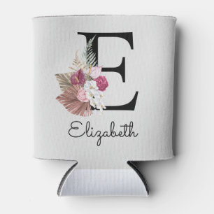 Modern Pink Boho Girly Floral Initial E Can Cooler