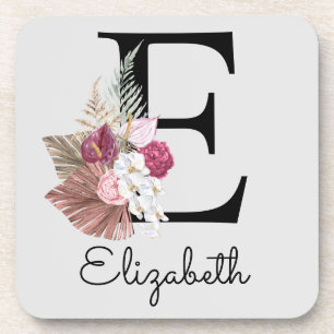 Modern Pink Boho Girly Floral Initial E Coaster