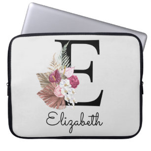 Modern Pink Boho Girly Floral Initial E Laptop Sleeve